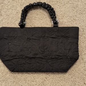 Talbots Black Beaded-Handle Floral Embroidered Clutch